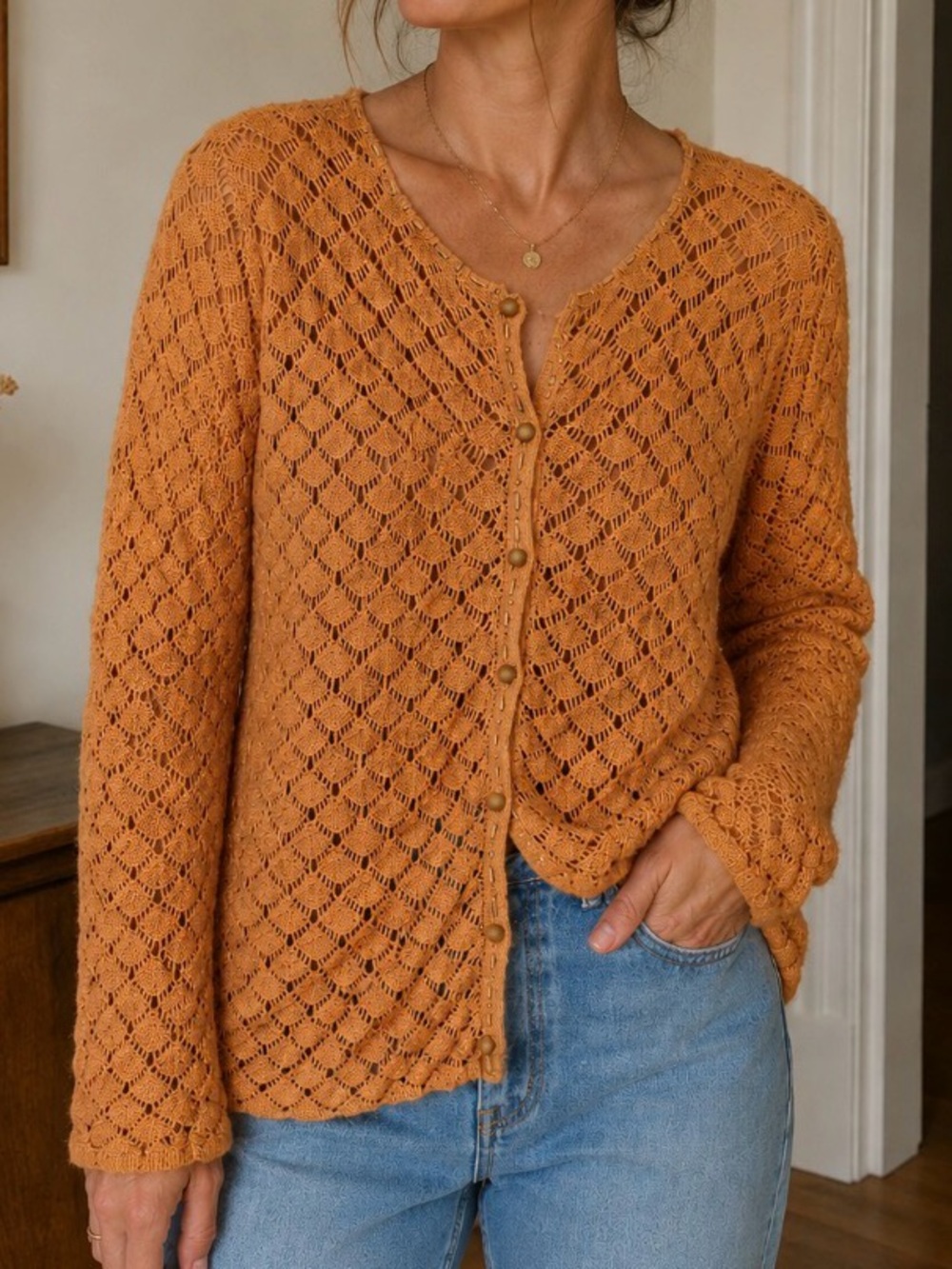 Sigrid Olsen Linen Blend Crochet Cardigan Boho Open Knit Orange Sweater L